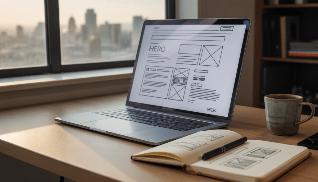 Web design Johannesburg — open laptop on a wooden desk showing a modern website wireframe with notebook of design sketches and Johannesburg skyline visible through office window