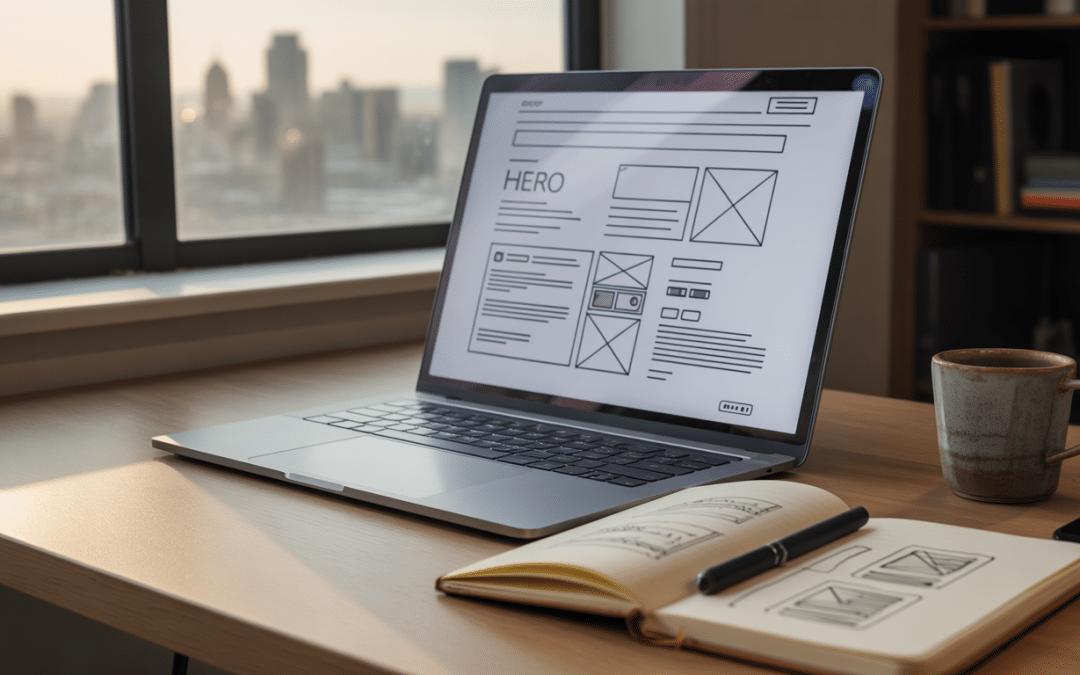 Web design Johannesburg — open laptop on a wooden desk showing a modern website wireframe with notebook of design sketches and Johannesburg skyline visible through office window