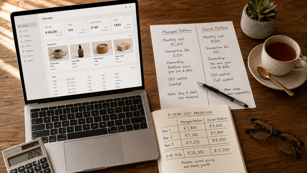 Wordpress vs shopify south africa platform decision flat-lay with an open laptop showing a generic store dashboard, a printed two-column comparison sheet headed managed platform and owned platform with handwritten Rand cost annotations, and a notebook with a three-year cost projection on a wooden desk