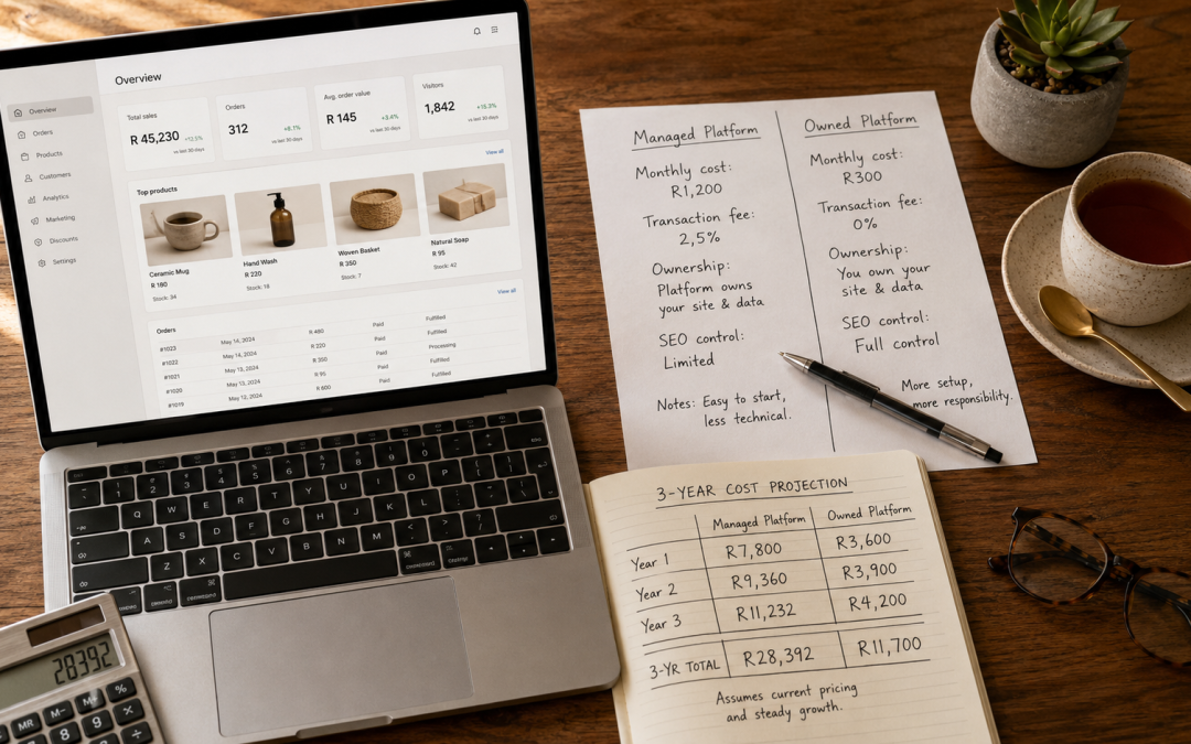 Wordpress vs shopify south africa platform decision flat-lay with an open laptop showing a generic store dashboard, a printed two-column comparison sheet headed managed platform and owned platform with handwritten Rand cost annotations, and a notebook with a three-year cost projection on a wooden desk