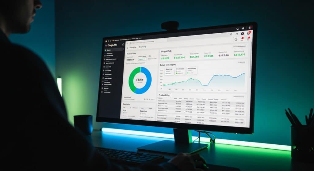 Google ads for ecommerce dashboard showing Shopping campaign ROAS and product performance data on a dark moody workspace monitor