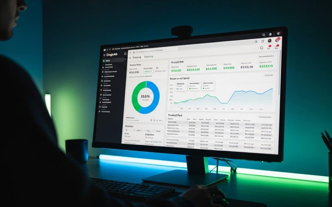 Google ads for ecommerce dashboard showing Shopping campaign ROAS and product performance data on a dark moody workspace monitor