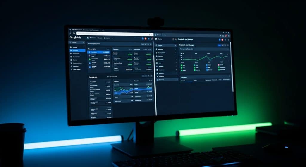 Google ads vs facebook ads comparison showing both platform dashboards side by side on a dark moody workspace monitor