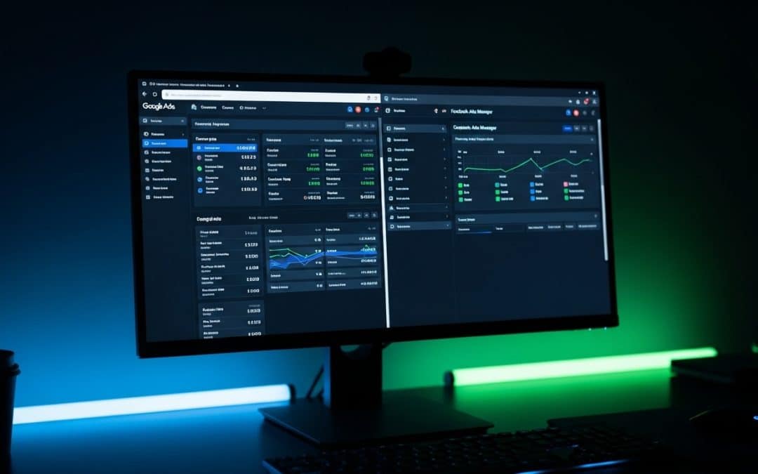 Google ads vs facebook ads comparison showing both platform dashboards side by side on a dark moody workspace monitor