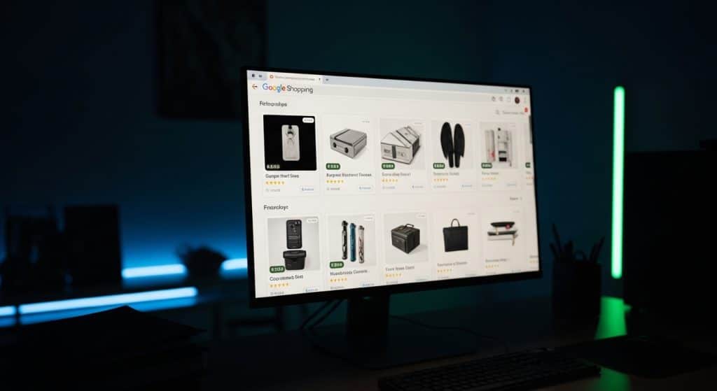 Google Shopping Ads South Africa showing product listing ads with images and prices in Google search results on a dark moody workspace monitor