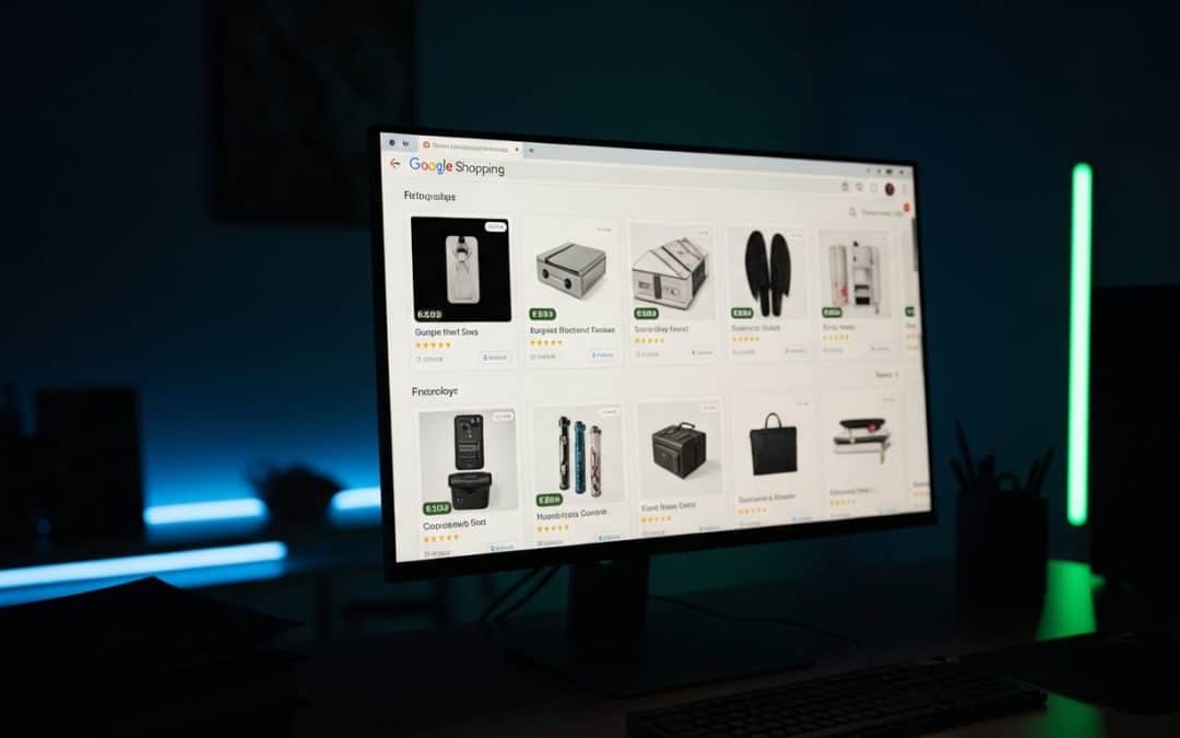 Google Shopping Ads South Africa showing product listing ads with images and prices in Google search results on a dark moody workspace monitor