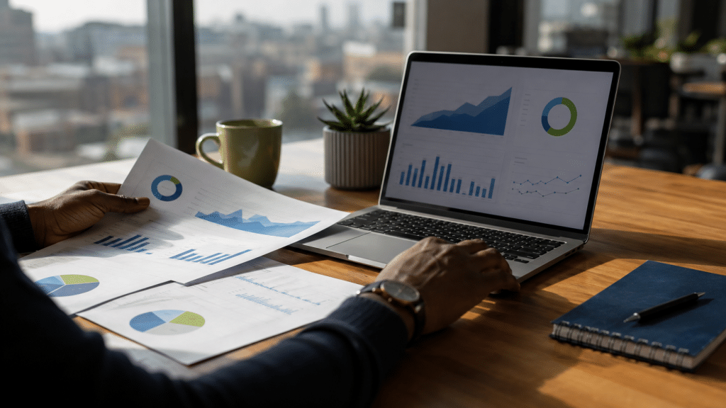 How to choose an SEO company South Africa — business owner reviewing SEO agency proposals on laptop in Johannesburg office