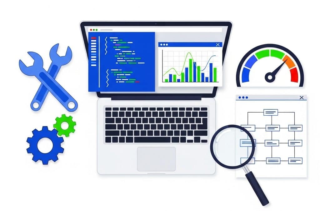 Technical SEO basics for small businesses showing website speed optimisation, crawlability, and structured data elements