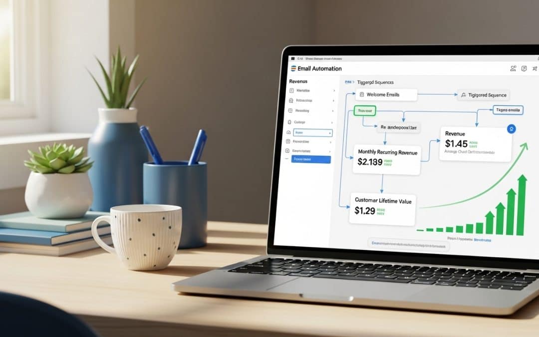 Automated email marketing South Africa — laptop showing email automation flow and revenue metrics for SA ecommerce store