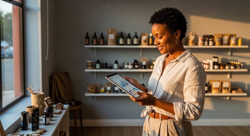Digital marketing small business South Africa — small business owner reviewing marketing analytics on a tablet in a bright SA retail shop