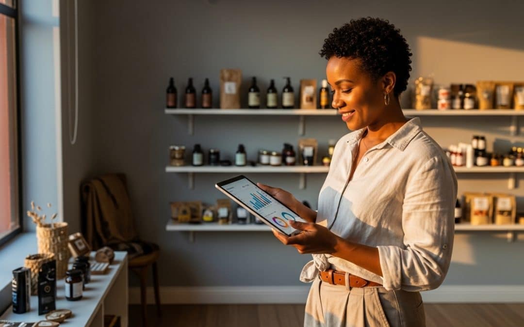 Digital marketing small business South Africa — small business owner reviewing marketing analytics on a tablet in a bright SA retail shop