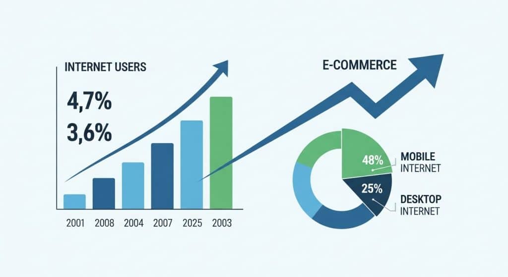 Digital marketing statistics South Africa 2026 — infographic-style data visualisation showing SA internet users, mobile penetration, and ecommerce growth charts