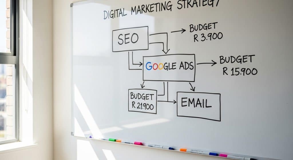 Digital marketing strategy South Africa — whiteboard with channel strategy flowchart showing SEO, Google Ads, and email marketing interconnected with arrows and budget allocations