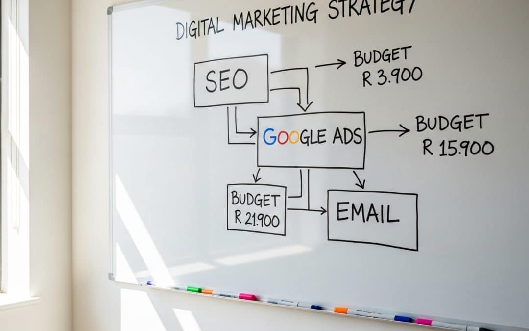 Digital marketing strategy South Africa — whiteboard with channel strategy flowchart showing SEO, Google Ads, and email marketing interconnected with arrows and budget allocations