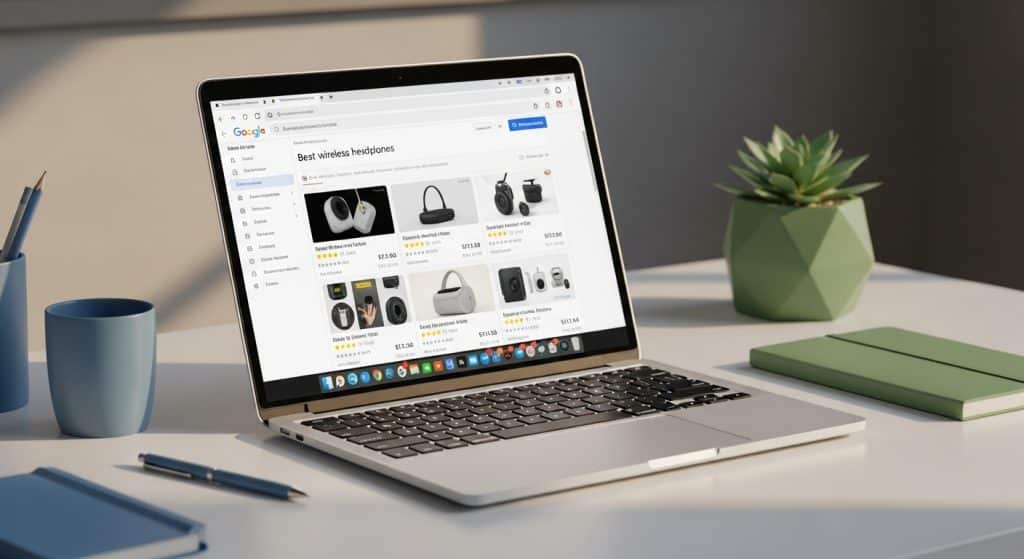 Ecommerce SEO South Africa — laptop showing Google search results with product rich snippets for SA online store