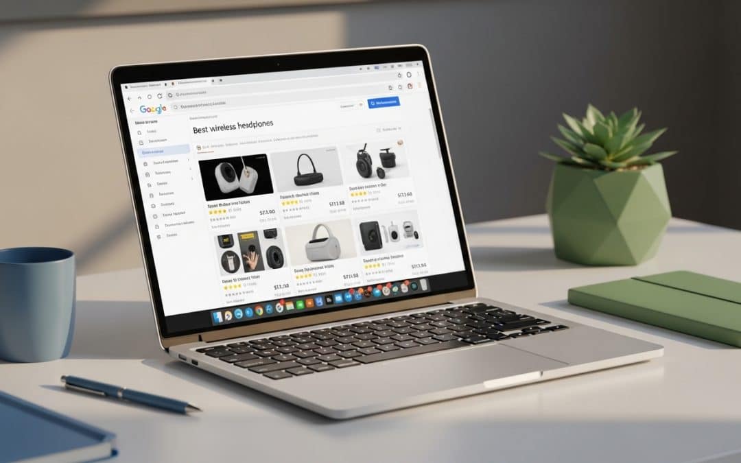 Ecommerce SEO South Africa — laptop showing Google search results with product rich snippets for SA online store