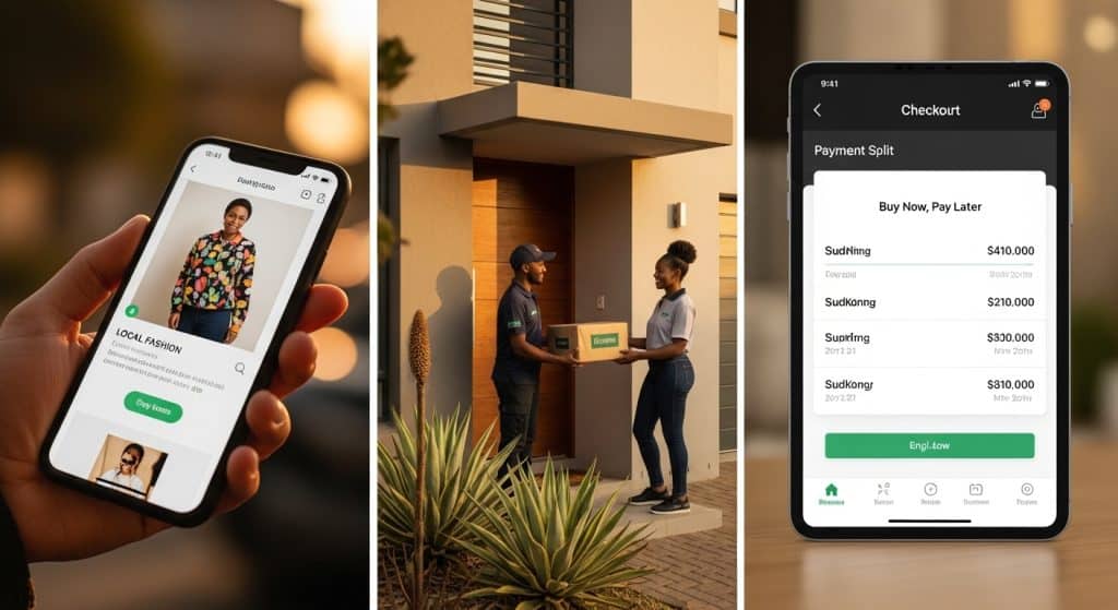 Ecommerce trends South Africa 2026 — collage showing mobile shopping on smartphone, delivery courier with parcels, and buy now pay later checkout screen
