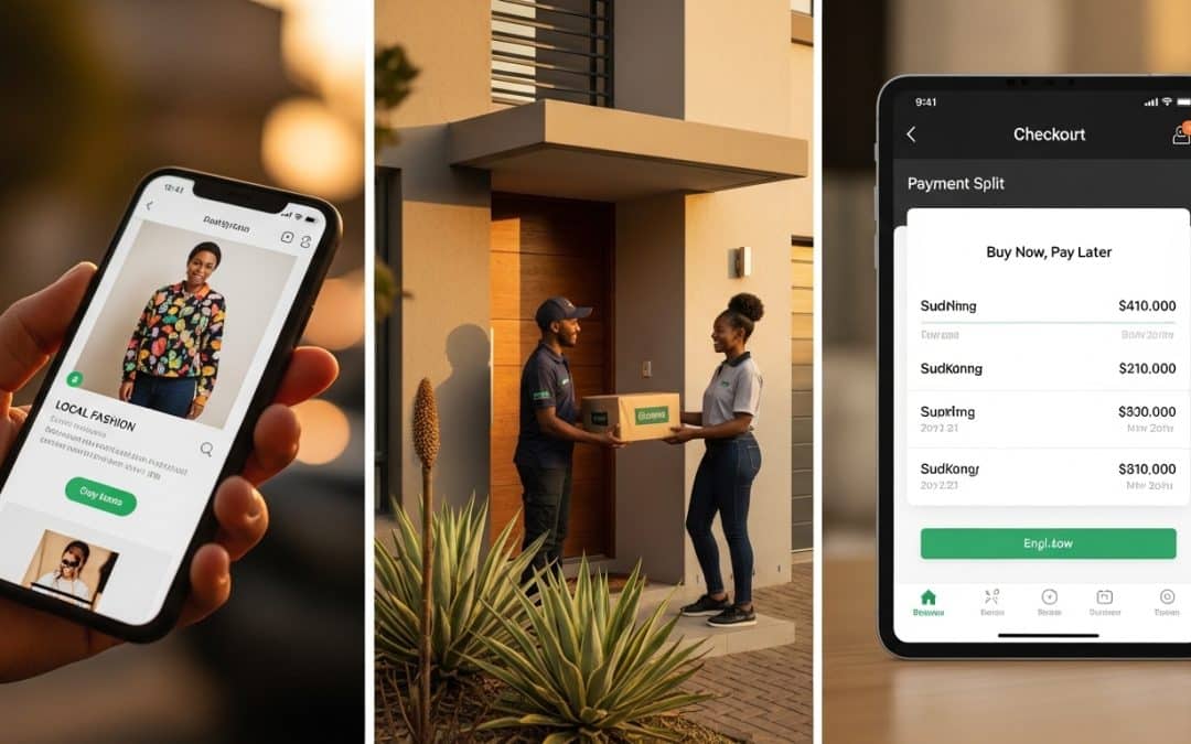 Ecommerce trends South Africa 2026 — collage showing mobile shopping on smartphone, delivery courier with parcels, and buy now pay later checkout screen