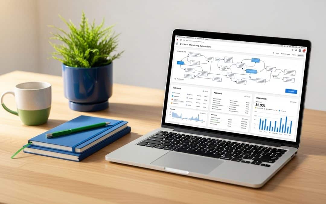 Email marketing agency South Africa — laptop showing Klaviyo email automation dashboard with blue and green accent items on modern desk