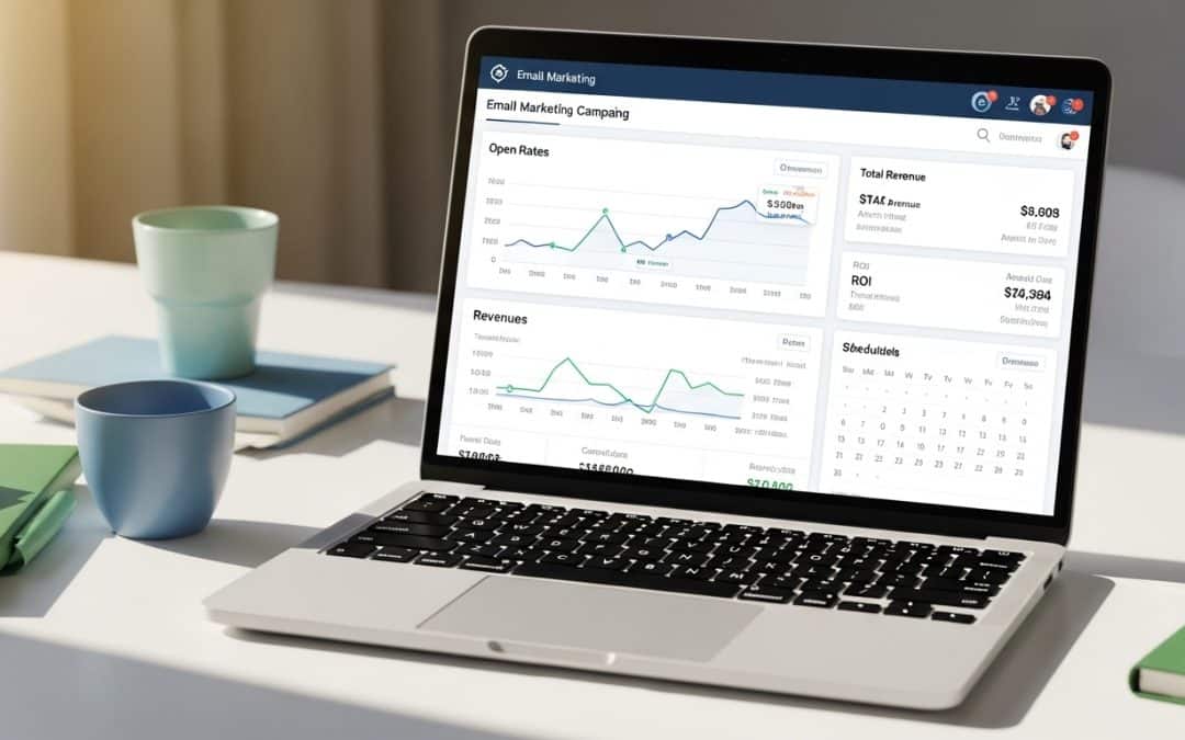 Email marketing strategy South Africa — laptop showing email campaign dashboard and strategy metrics for SA business