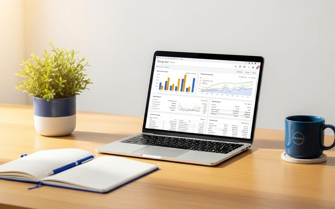 Google Ads agency Johannesburg — laptop showing Google Ads dashboard with campaign performance metrics on modern desk with blue and green accent items