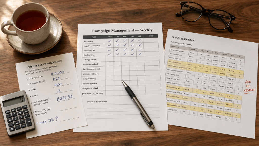 Google ads management guide south africa flat-lay with a printed campaign management checklist, a Rand cost-per-lead worksheet, and a search term report marked up with negative keywords