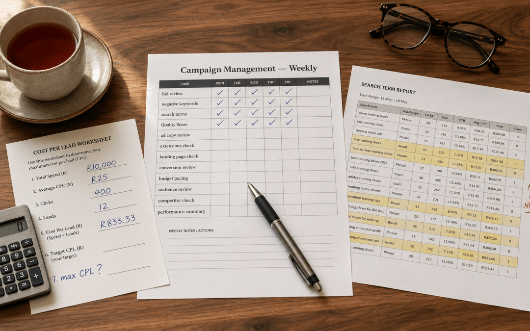 Google ads management guide south africa flat-lay with a printed campaign management checklist, a Rand cost-per-lead worksheet, and a search term report marked up with negative keywords