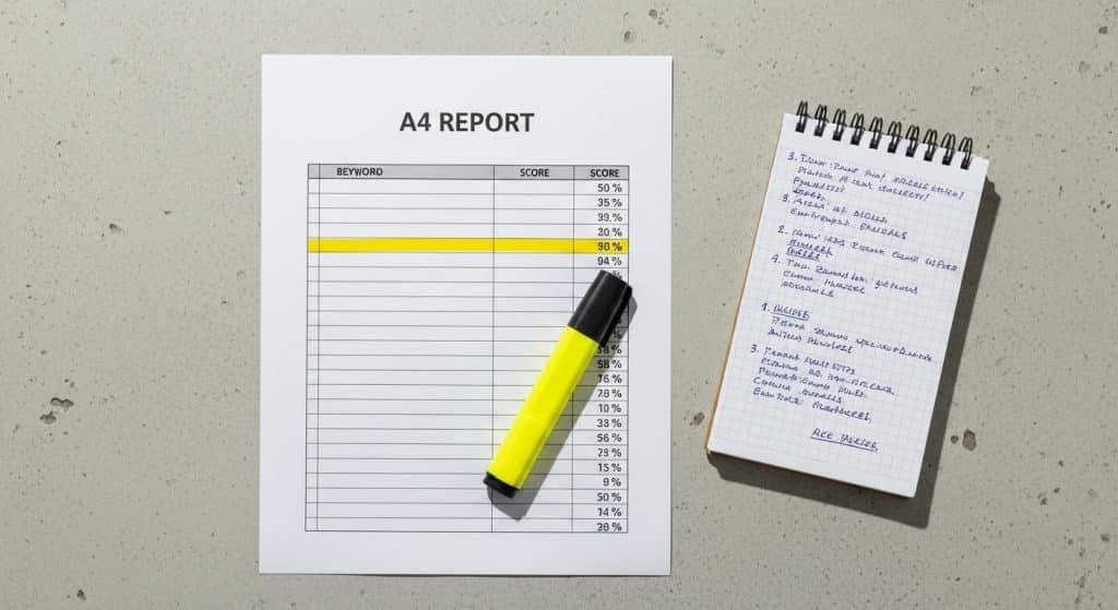 Google Ads Quality Score South Africa — printed keyword performance report with Quality Score columns highlighted on a desk