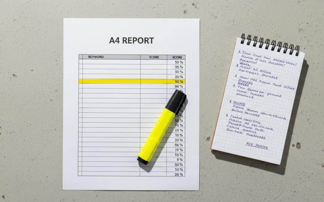 Google Ads Quality Score South Africa — printed keyword performance report with Quality Score columns highlighted on a desk