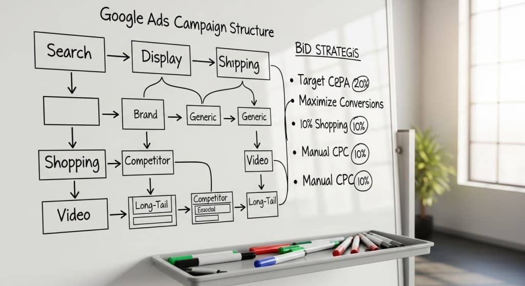 Google Ads strategy South Africa — marketing strategist whiteboard showing campaign structure with keyword groups bid strategies and budget allocation