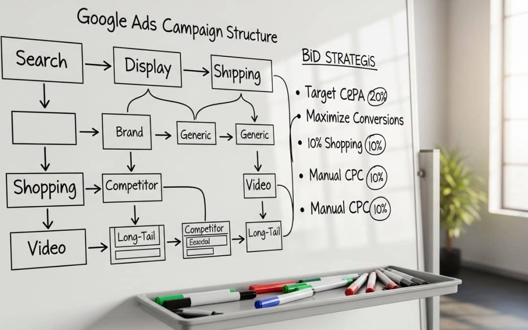 Google Ads strategy South Africa — marketing strategist whiteboard showing campaign structure with keyword groups bid strategies and budget allocation