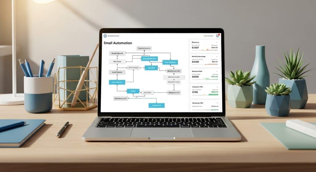How email automation works for SA stores — laptop showing email automation flow diagram for South African ecommerce store