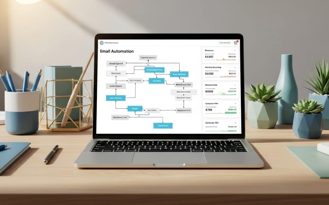 How email automation works for SA stores — laptop showing email automation flow diagram for South African ecommerce store