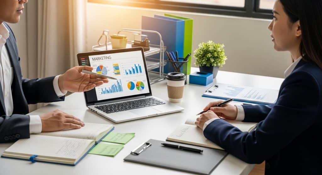How to choose a marketing agency in Johannesburg — business meeting reviewing a digital marketing proposal