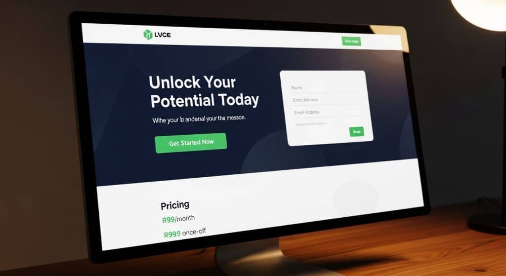 Landing page design South Africa — close-up of a high-converting SA landing page on a widescreen monitor showing hero section and CTA button