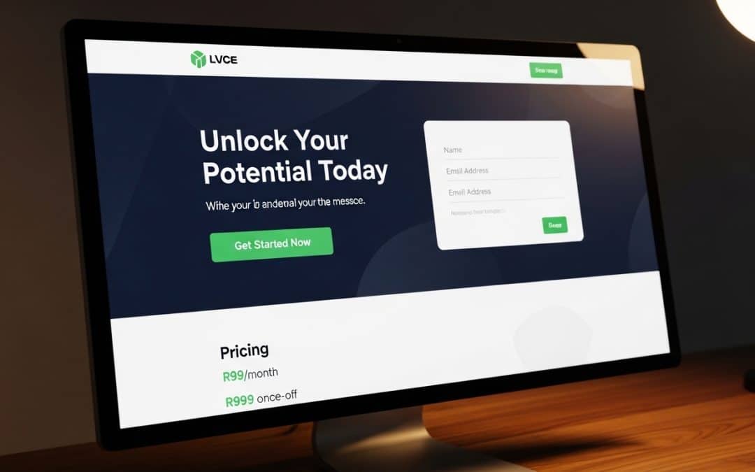 Landing page design South Africa — close-up of a high-converting SA landing page on a widescreen monitor showing hero section and CTA button