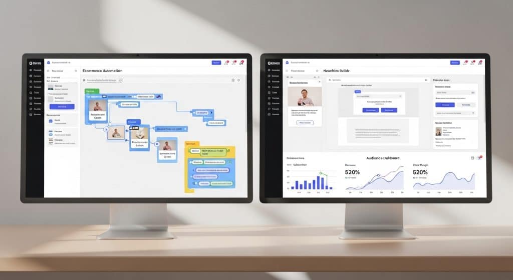 Omnisend vs Mailchimp South Africa — split screen showing both email platform dashboards side by side with automation flow builders visible