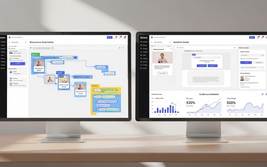 Omnisend vs Mailchimp South Africa — split screen showing both email platform dashboards side by side with automation flow builders visible