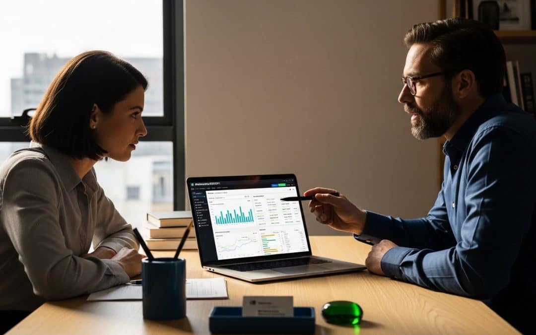 SEO company Johannesburg consultant reviewing keyword rankings on a laptop with a Google Search Console dashboard, Rand-priced SEO retainer comparison printout, and notes on local citation building for Johannesburg businesses
