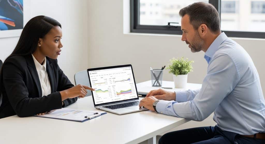 SEO company South Africa — business owner reviewing SEO campaign results with consultant in Johannesburg office
