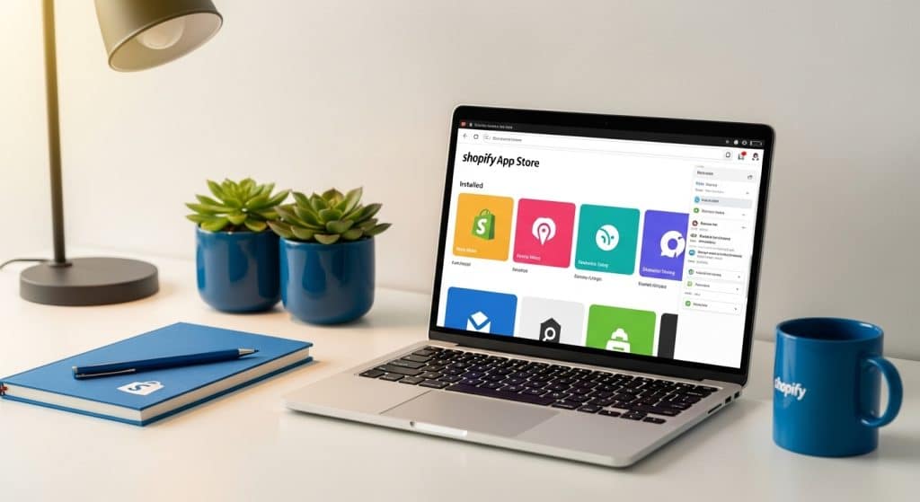Shopify apps South Africa — laptop showing Shopify App Store with installed apps dashboard on modern desk with blue and green accent items