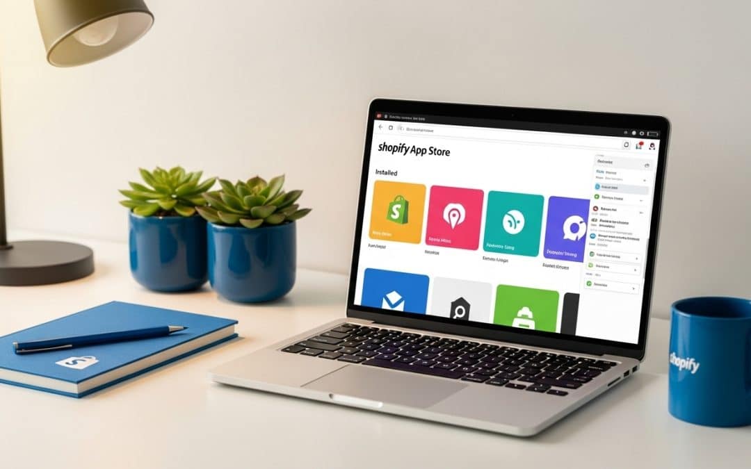 Shopify apps South Africa — laptop showing Shopify App Store with installed apps dashboard on modern desk with blue and green accent items