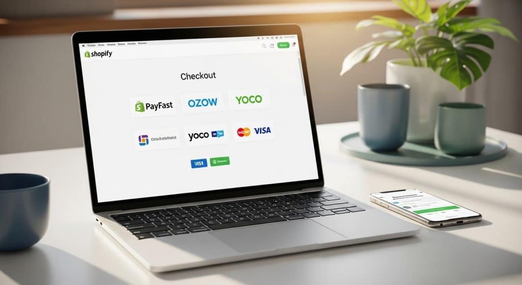 Shopify payment gateways South Africa comparison showing PayFast, Peach Payments, and Yoco fees and features for SA online stores