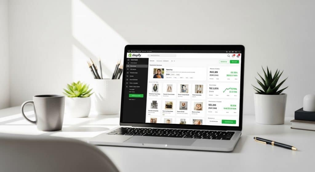 Shopify South Africa store dashboard showing product listings and ecommerce sales data on a clean modern workspace laptop