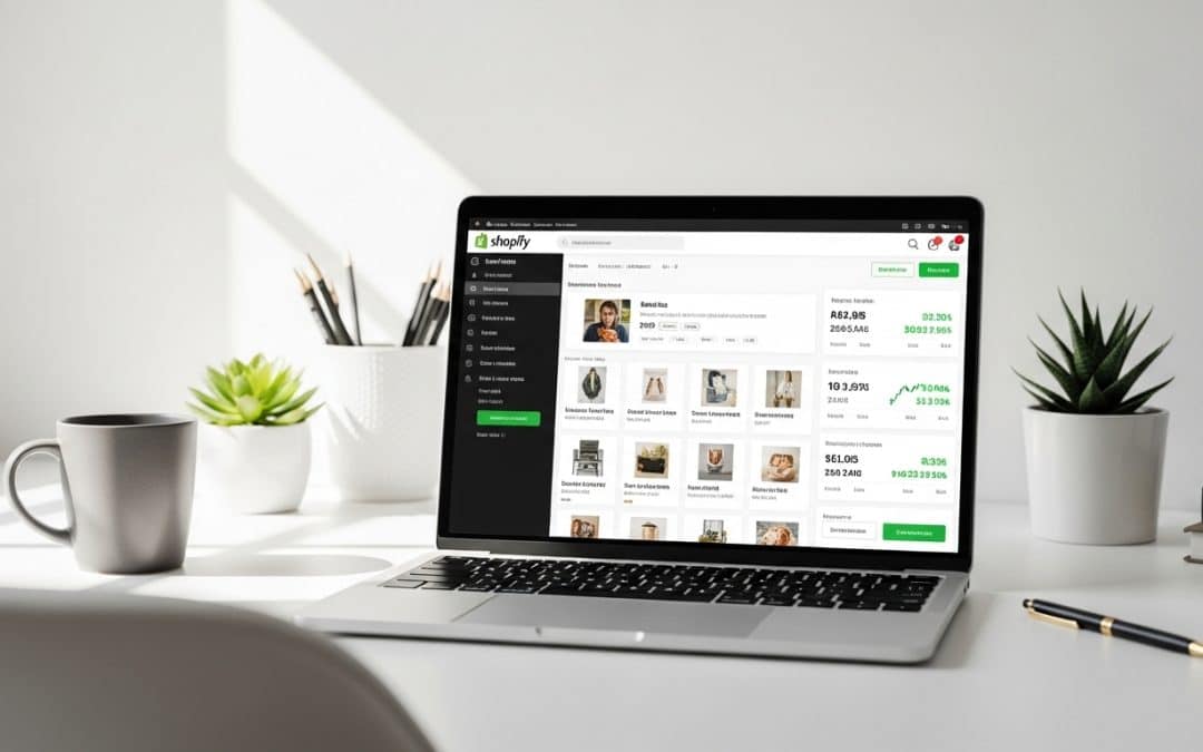 Shopify South Africa store dashboard showing product listings and ecommerce sales data on a clean modern workspace laptop