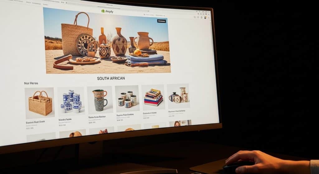 Shopify website design South Africa — designer reviewing a Shopify storefront on a large monitor with product pages open