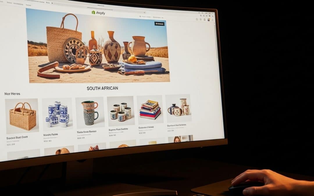 Shopify website design South Africa — designer reviewing a Shopify storefront on a large monitor with product pages open