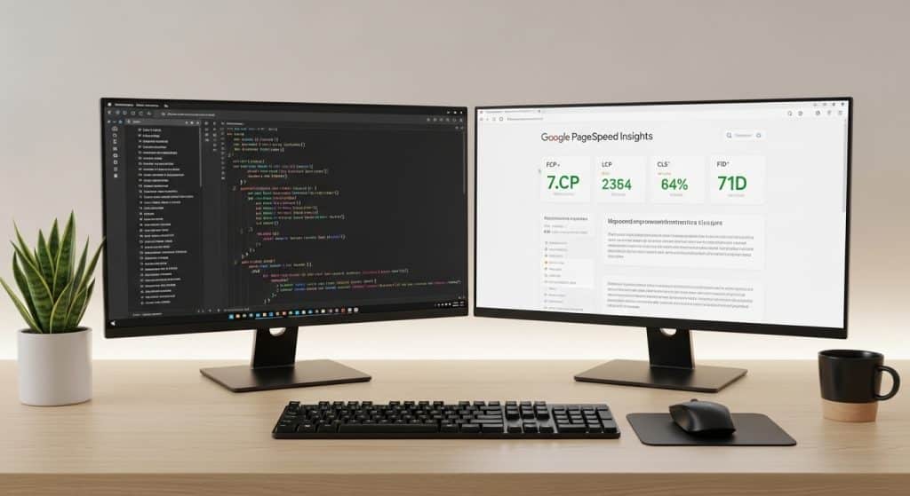 Technical SEO South Africa — laptop showing Google Search Console crawl stats and Core Web Vitals dashboard on modern desk with blue and green accent items