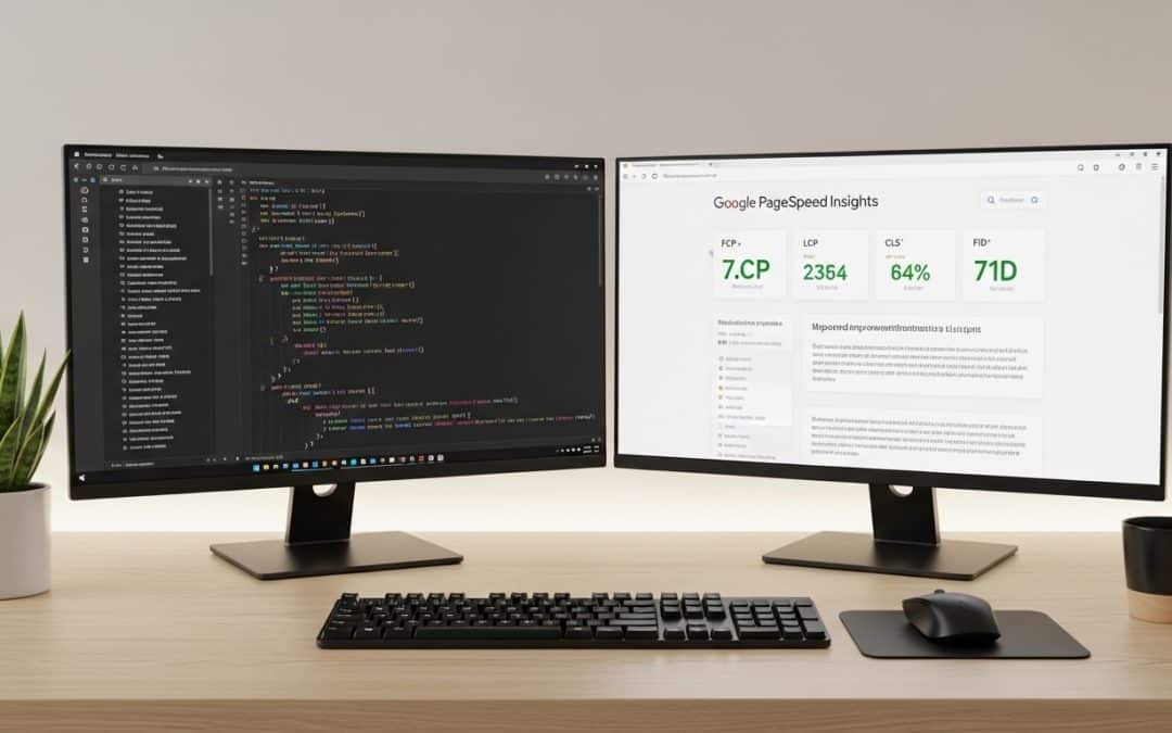 Technical SEO South Africa — laptop showing Google Search Console crawl stats and Core Web Vitals dashboard on modern desk with blue and green accent items