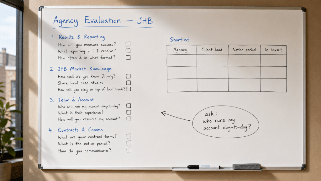 Top questions marketing agency johannesburg evaluation checklist on a whiteboard with grouped question categories, a Johannesburg agency shortlist column, and Rand pricing benchmark notes